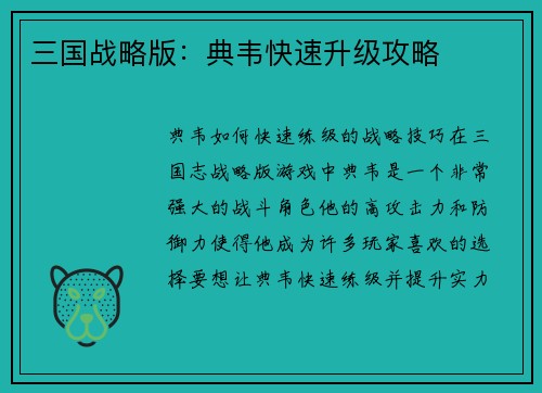 三国战略版：典韦快速升级攻略